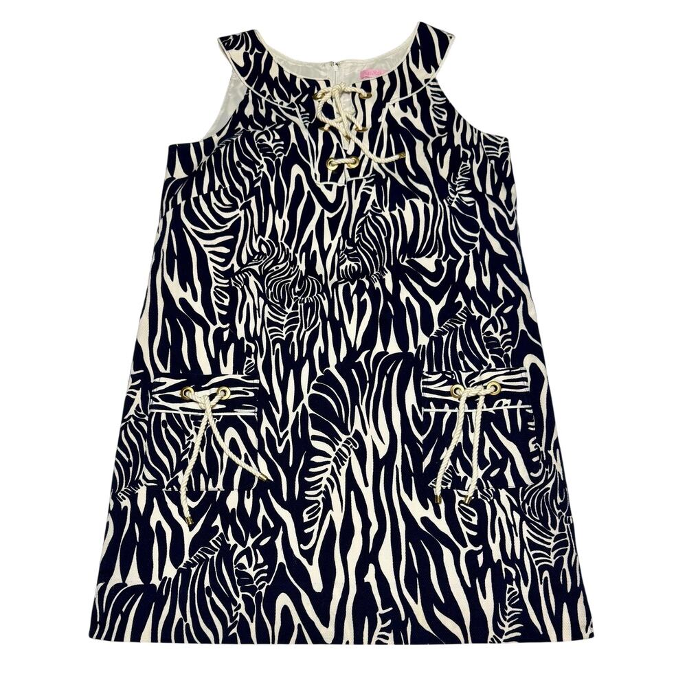 Lilly Pulitzer Mini Dress Sleeveless Shift Navy Blue Zebra Pattern size 10